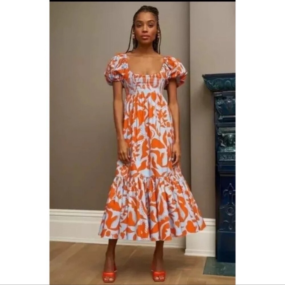La Ligne Women's Amy Puff Sleeve Smocked Maxi Dress in Periwinkle Tangerine XL